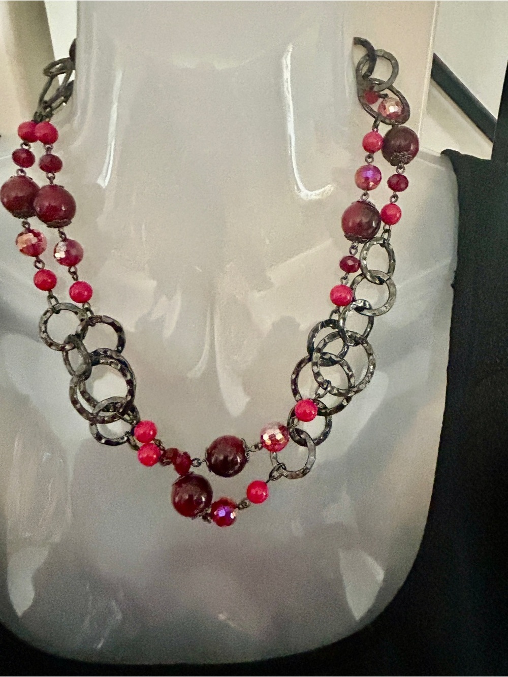 Red Beaded Long Necklace with Textured Rings​ - Picture 11 of 12